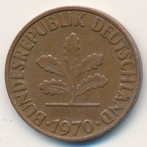 Монета 2 пфеннига. 1970г. ФРГ. Дубовые листья. (F). (F)