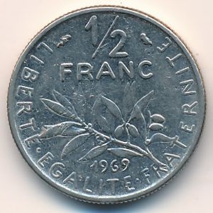 Монета 1/2 франка. 1969г. Франция. (F)