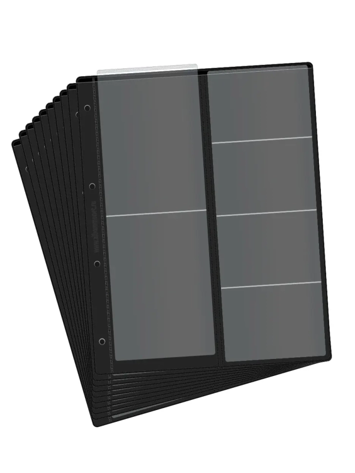 Комплект из 10-ти листов "СТАНДАРТ" на черной основе (двусторонний) для хранения на 12 ячеек "скользящий". Формат "Grand". Размер 250х310 мм.