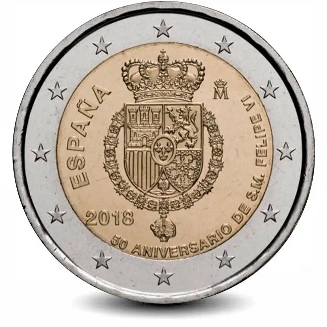 Монета 2 евро. 2018г. Испания. «50 лет со дня рождения Филиппа VI». (UNC)