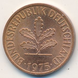 Монета 2 пфеннига. 1975г. ФРГ. Дубовые листья. (F). (F)