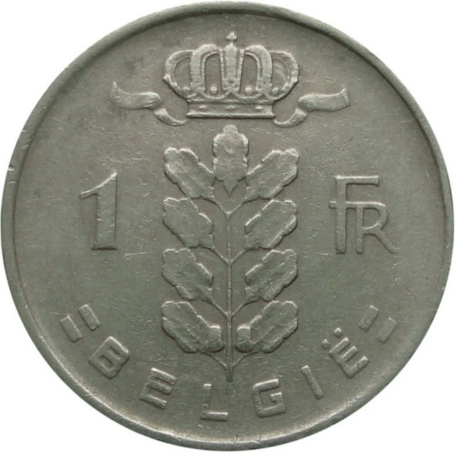 Монета 1 франк. 1967г. Бельгия. Надпись на голландском - 'BELGIË'. (F)