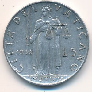 Монета 5 лир. 1952г. Ватикан. «Правосудие». (F)