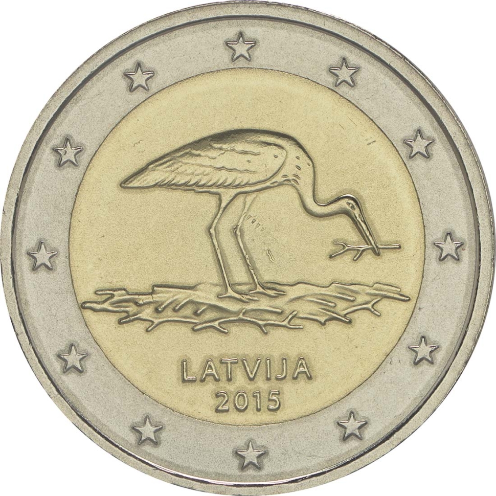 Монета 2 евро. 2015г. Латвия. «Вымирающие виды - Чёрный аист». (UNC)
