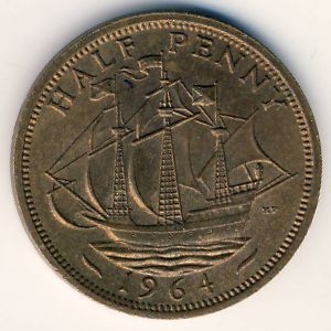 Монета 1/2 пенни. 1964г. Великобритания. Золотая лань. (F)