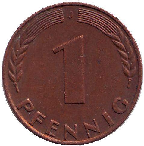 Монета 1 пфенниг. 1950г. ФРГ. Дубовые листья. (J). (F)