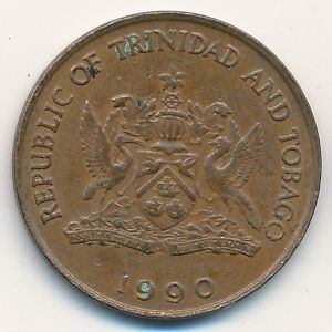 Монета 5 центов. 1990г. Тринидад и Тобаго. Райская птица. (F)