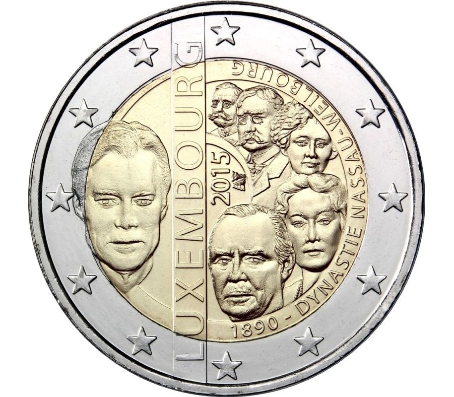 Монета 2 евро. 2015г. Люксембург. «125-летие династии Нассау-Вейльбург». (UNC)