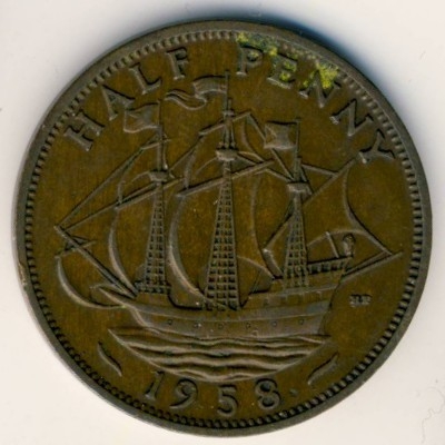 Монета 1/2 пенни. 1958г. Великобритания. (F)