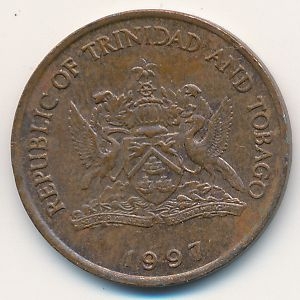 Монета 5 центов. 1997г. Тринидад и Тобаго. Райская птица. (F)