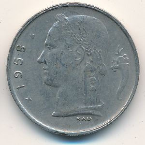 Монета 1 франк. 1958г. Бельгия. Надпись на французском - 'BELGIQUE'. (F)