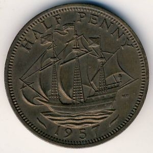 Монета 1/2 пенни. 1957г. Великобритания. (F)