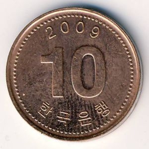 Монета 10 вон. 2009г. Южная Корея. (F)