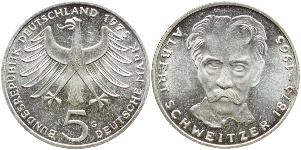 Монета 5 марок. 1975г. ФРГ. «100 лет со дня рождения Альберта Швейцера». Серебро. (G). (VF)