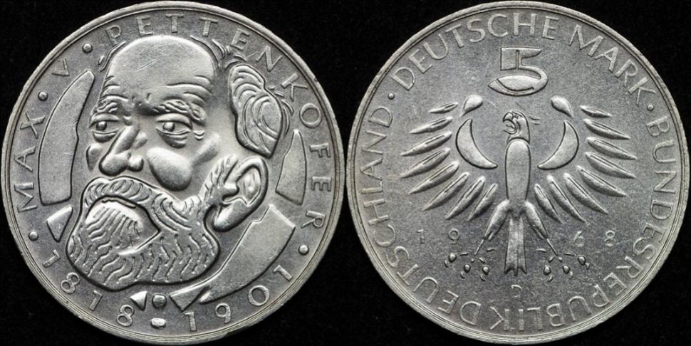 Монета 5 марок. 1968г. ФРГ. «150 лет со дня рождения Макса фон Петтенкофера». Серебро. (D). (VF)