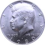 Монета 50 центов. 1980г. (P). США. Халф Доллар Кеннеди (Kennedy Half Dollar). UNC