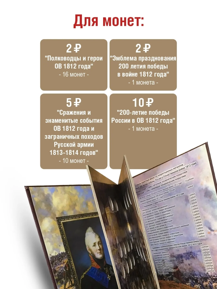 Альбом-книга "ПРЕМИУМ" для монет 2, 5 и 10 рублей к празднованию 200-летия победы России в войне 1812г. Бордо