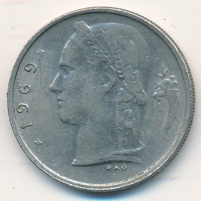 Монета 1 франк. 1969г. Бельгия. Надпись на французском - 'BELGIQUE'. (F)