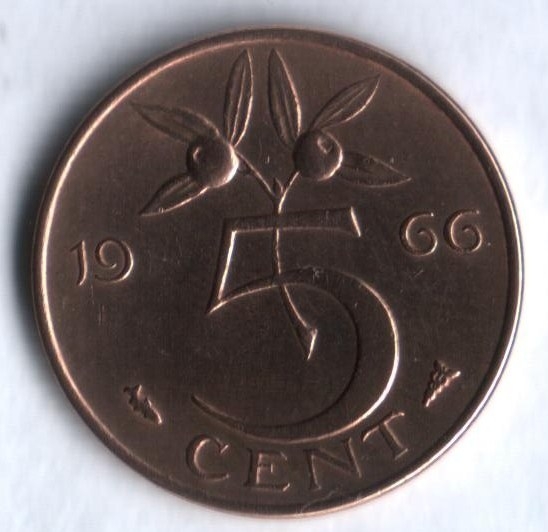 Монета 5 центов. 1966г. Нидерланды. (F)