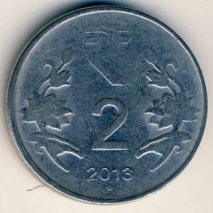 Монета 2 рупии. 2013г. Индия. (F)