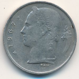 Монета 1 франк. 1967г. Бельгия. Надпись на французском - 'BELGIQUE'. (F)