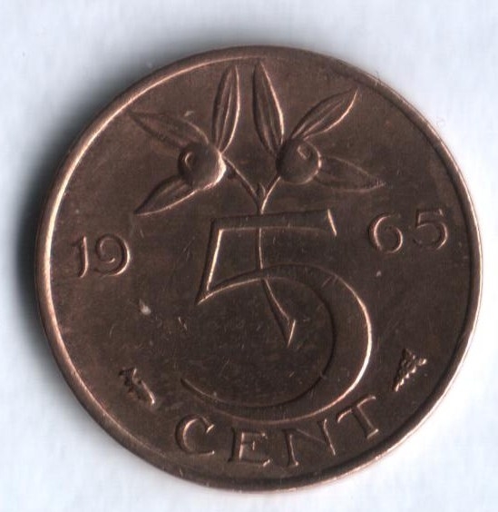 Монета 5 центов. 1965г. Нидерланды. Рыбка. (F)