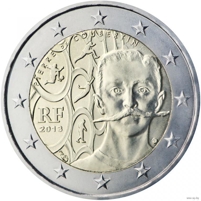 Монета 2 евро. 2013г. Франция. «150 лет со дня рождения Пьера де Кубертена». (UNC)
