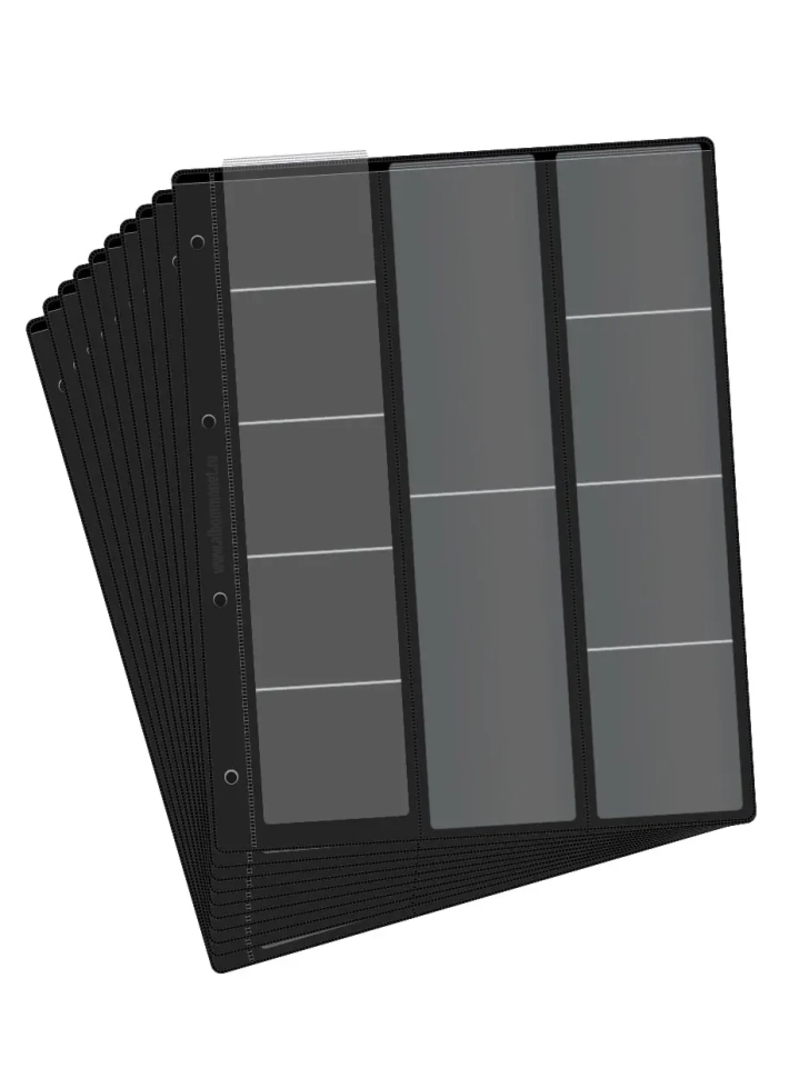 Комплект из 10-ти листов "СТАНДАРТ" на черной основе (двусторонний) для хранения на 22 ячейки "скользящий". Формат "Grand". Размер 250х310 мм.