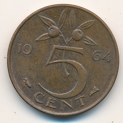 Монета 5 центов. 1964г. Нидерланды. (F)
