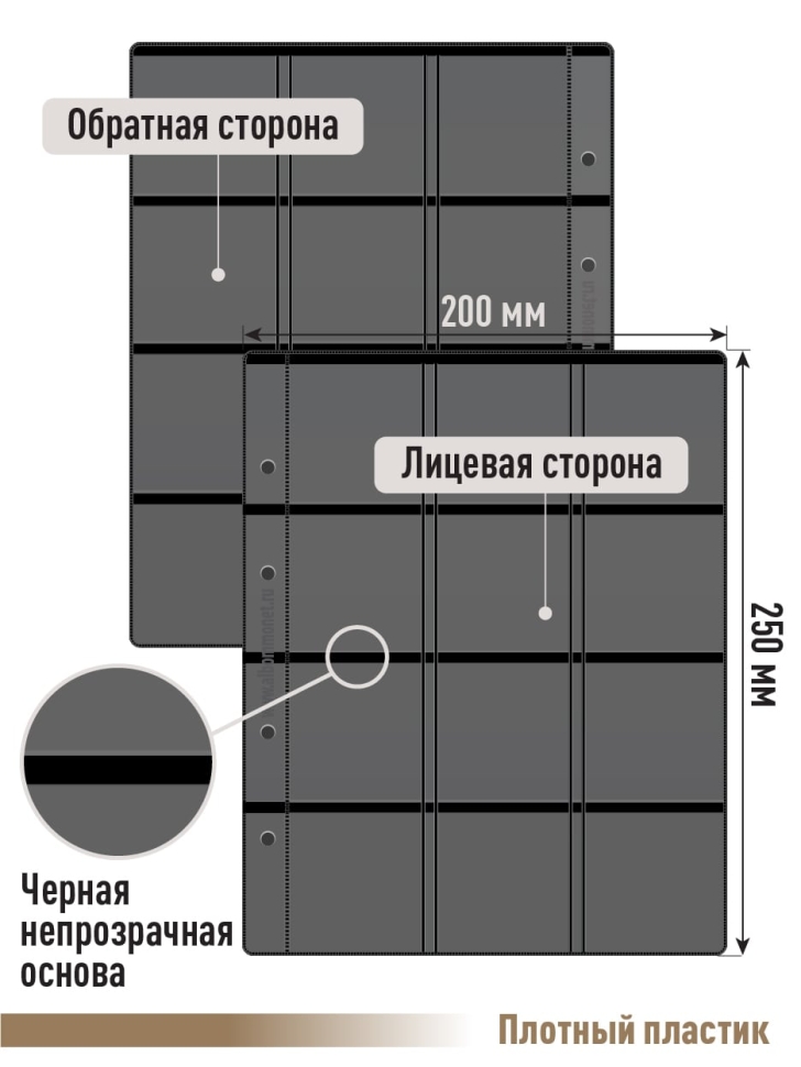 Комплект из 5-ти листов "СТАНДАРТ" на черной основе (двусторонний) для хранения монет в холдерах на 24 ячейки. Формат "Optima". Размер 200х250 мм.