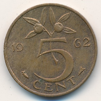 Монета 5 центов. 1962г. Нидерланды. (F)