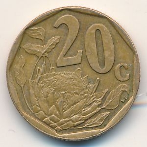 Монета 20 центов. 2001г. ЮАР. Цветок протея. (F)