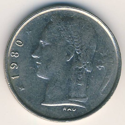 Монета 1 франк. 1980г. Бельгия. Надпись на французском - 'BELGIQUE'. (F)