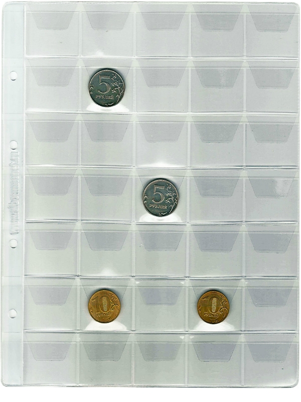 Лист "Эконом" для хранения монет на 35 ячеек с "клапанами". Формата "Optima". Размер 200х250 мм.