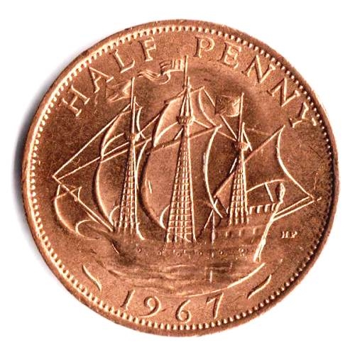 Монета 1/2 пенни. 1967г. Великобритания. Золотая лань. (F)