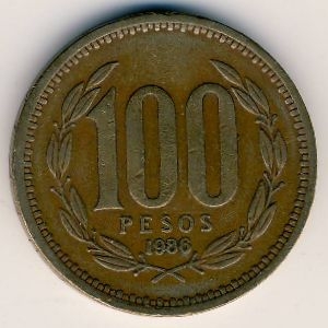Монета 100 песо. 1986г. Чили. (F)