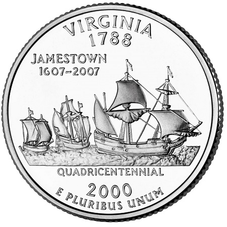 Монета квотер США. 2000г. (D). Virginia 1788. UNC