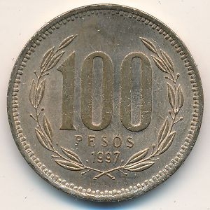 Монета 100 песо. 1997г. Чили. (F)