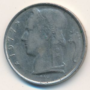 Монета 1 франк. 1977г. Бельгия. Надпись на французском - 'BELGIQUE'. (F)