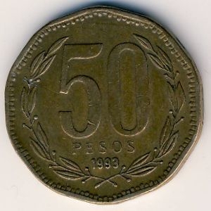 Монета 50 песо. 1993г. Чили. Бернардо О’Хиггинс. (F)