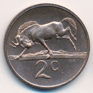Монета 2 цента. 1976г. ЮАР. Белохвостый гну. (F)