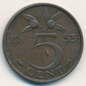 Монета 5 центов. 1953г. Нидерланды. (F)