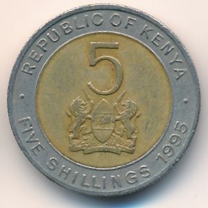 Монета 5 шиллингов. 1995г. Кения. (F)