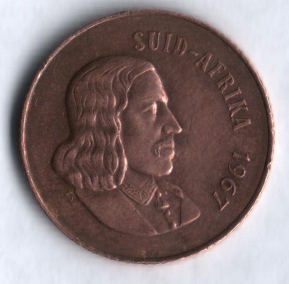 Монета 2 цента. 1967г. ЮАР. Белохвостый гну. (F)