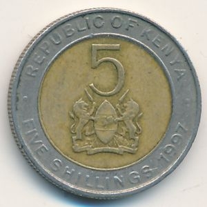Монета 5 шиллингов. 1997г. Кения. (F)