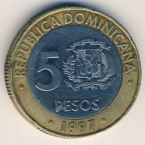 Монета 5 песо. 1997г. Доминиканская республика. Франсиско дель Росарио. (F)