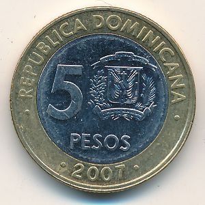 Монета 5 песо. 2007г. Доминиканская республика. Франсиско дель Росарио. (F)