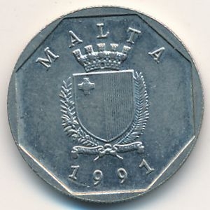 Монета 5 центов. 1991г. Краб. Мальта. (F)