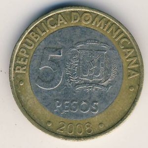 Монета 5 песо. 2008г. Доминиканская республика. Франсиско дель Росарио. (F)