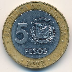 Монета 5 песо. 2002г. Доминиканская республика. Франсиско дель Росарио. (F)
